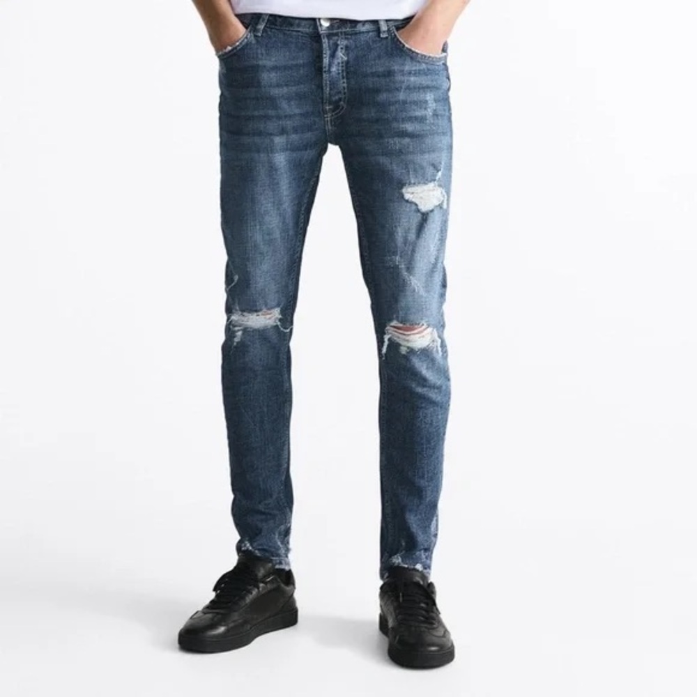 ZARA Men’s Button Fly Ripped Skinny Fit Jeans Size 31 Denim